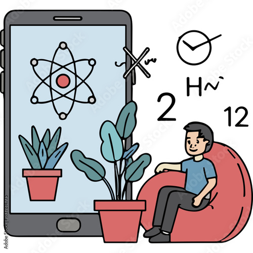 Young man sitting in a red beanbag chair looking at a smartphone displaying a science atom symbol and plants with potted green leaves on a light blue background with math equations in the corner