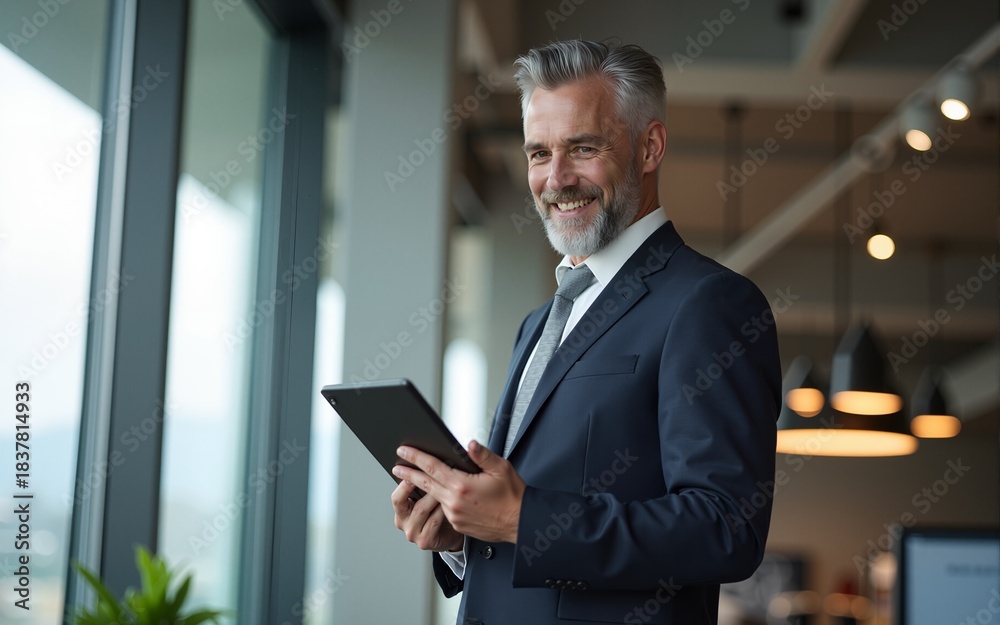 Naklejka premium Happy middle aged business man ceo wearing suit standing in office using digital tablet. Smiling mature businessman professional executive manager looking away thinking working on tech device.