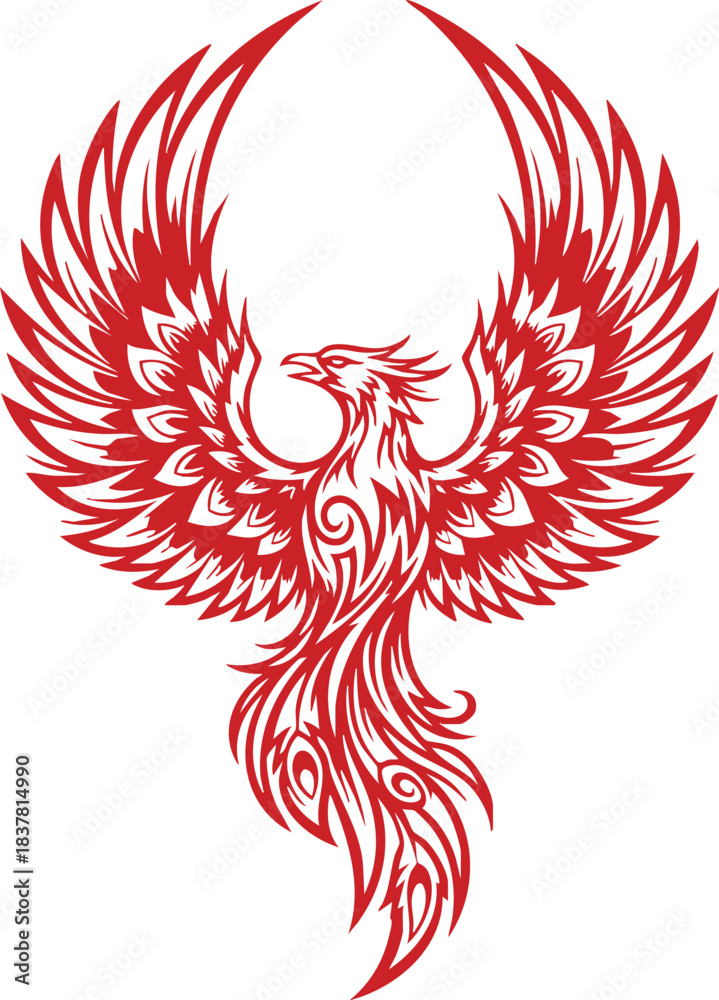 Fototapeta premium Red ornate phoenix vector illustration. Symbol of fire, rebirth, and eternal strength on white
