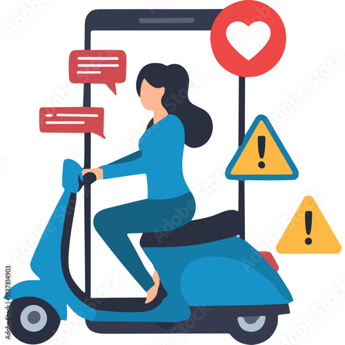 Young Woman Rides Blue Scooter Danger Warning Signs Social Media Notifications and Heart Icon Floating Around Phone Screen in Digital Art Style