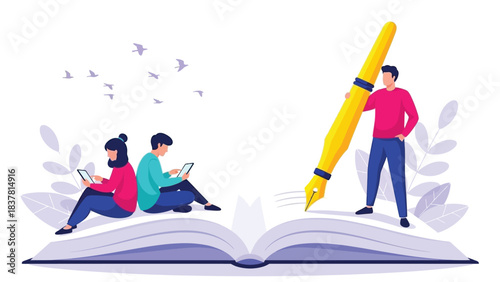Digital Learning and Traditional Writing Concept. People reading on tablets on an open book while a giant pen symbolizes authorship and literature.