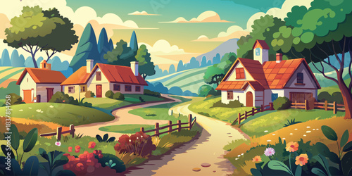 A serene countryside scene with houses, trees, and a winding path under a bright sky view art

