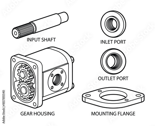 Exploded view gear pump. Input shaft. Gear housing. Inlet port. Outlet port. Mounting flange. Hydraulic components.