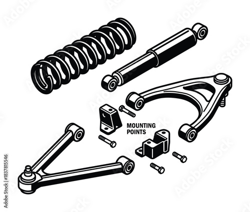 Exploded view of car suspension parts. Automobile chassis elements. Vehicle repair and maintenance. Suspension assembly.