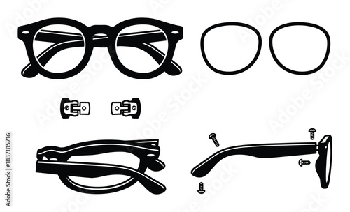 Eyeglasses components. Frame, lenses, hinges, screws, and temple arms disassembled.