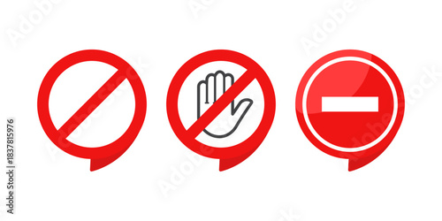 vector illustration of Prohibition Signs: No Entry, Hand Stop, and Do Not Signs in Red Circular Icons