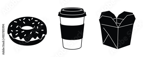 Fast food icons. Donut coffee cup noodles box elements. Quick meal takeaway items.