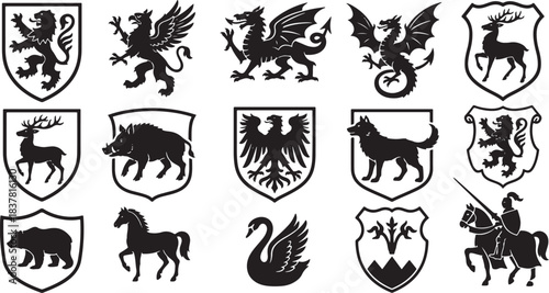 Medieval heraldic animals set, 12 silhouettes, lions, griffins, dragons, knights emblem style, strong black shapes, white background