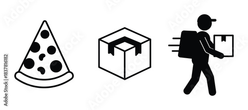 Food delivery icons. Pizza slice. Delivery box. Courier. Online order. Fast shipping. Takeaway meal.