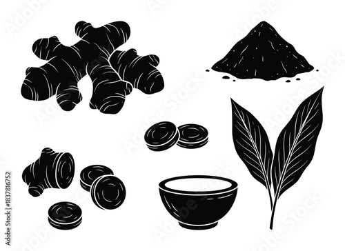 Ginger root black silhouette, ginger slices, powder, tea bowl, leaves isolated on white background
