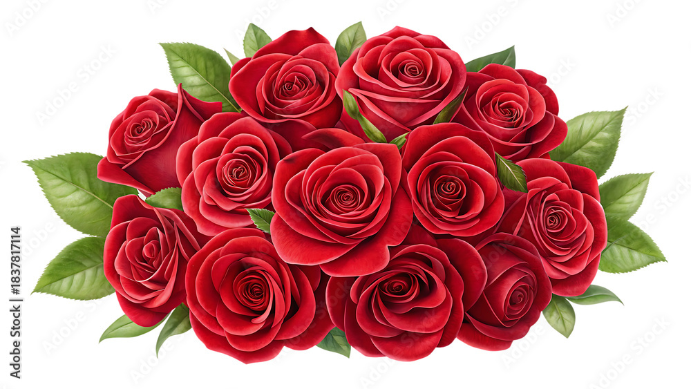 Obraz premium Vibrant bouquet of red roses with green leaves, isolated on transparent background, symbolizing love and romance.