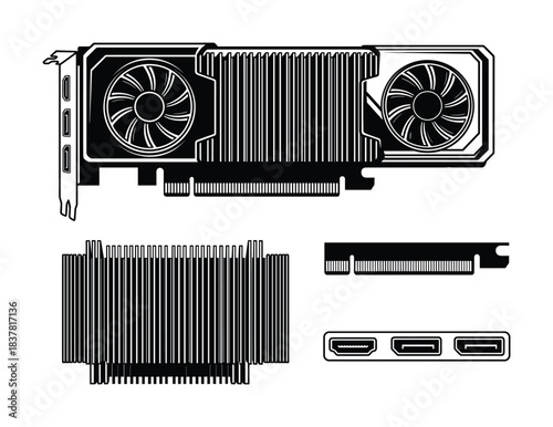 Graphics processing unit GPU. Cooling fans, heatsink, display ports for visual computing.
