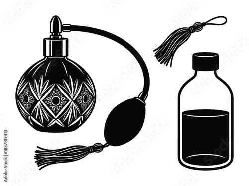 Hand-drawn antique perfume bottles with atomizer and tassel. Black silhouettes isolated on white background.