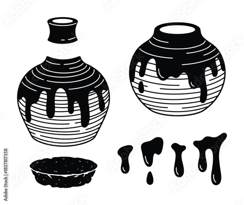 Hand-drawn ceramic pots with dripping paint. Black silhouette isolated on white background. Pottery art.