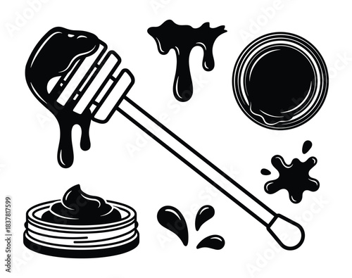 Honey dipper, dripping honey, honey jar, and various honey splashes vector set. Sweet food illustration.