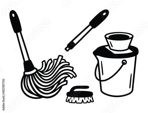 Household cleaning tools set with mop bucket brush for scrubbing and permanent marker