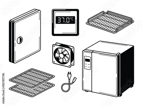 Incubator components collection. Door. Temperature display. Cooling fan. Racks and power plug. Outline isolated.