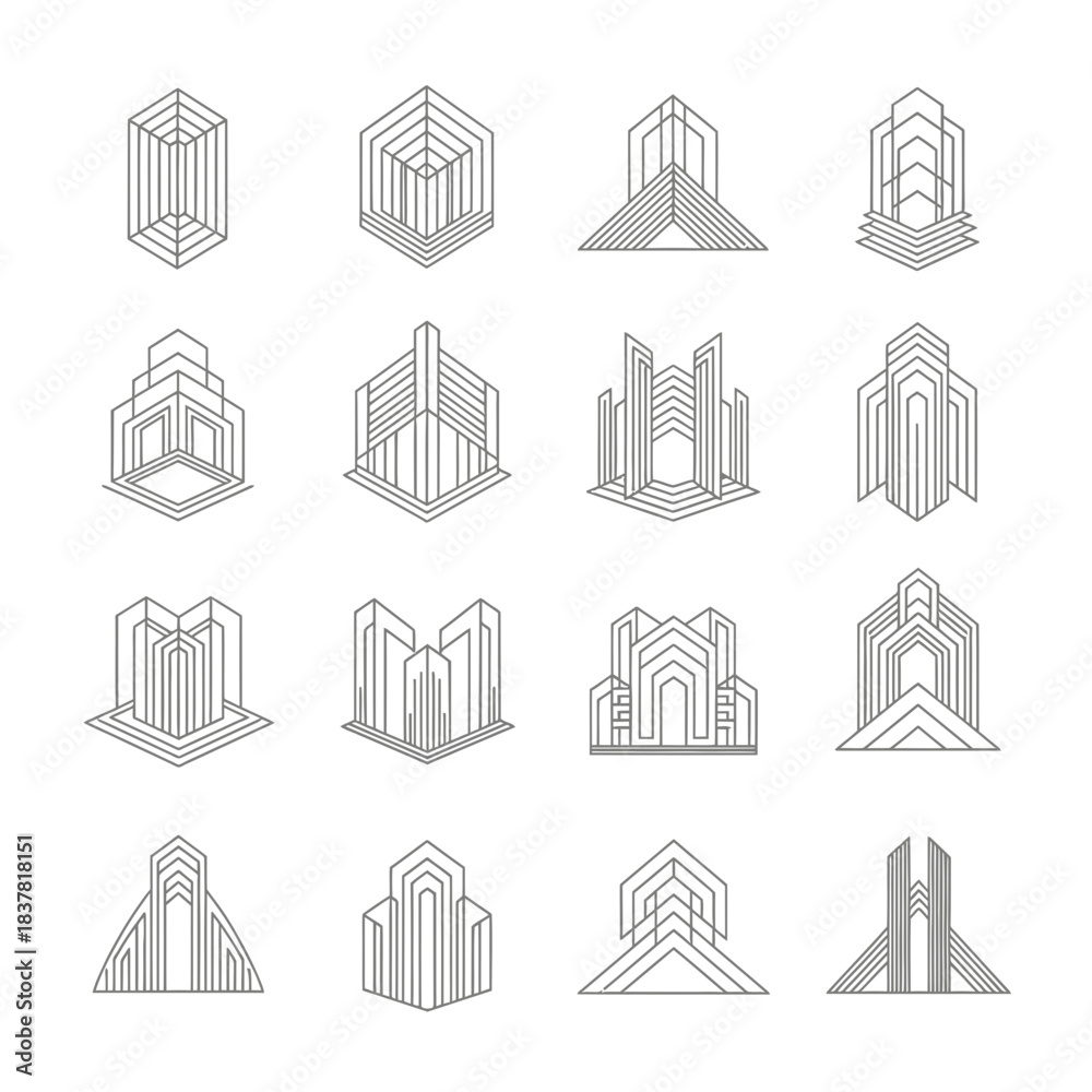 Fototapeta premium Modern geometric building icons create a sophisticated architectural aesthetic for branding and design projects