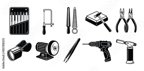 Jeweler tools collection, files, saws, ring mandrels, polishing equipment, isolated monochrome icons