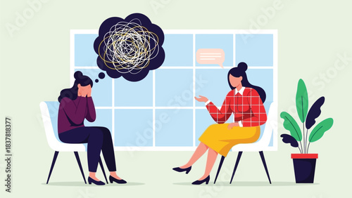 Mental Health Counseling Session Vector Illustration: Woman Suffering from Anxiety and Confusion Consults with a Female Psychologist or Therapist
