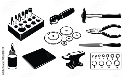 Jeweler tools and accessories, ring sizer, hammer, pliers, metalworking equipment, isolated set