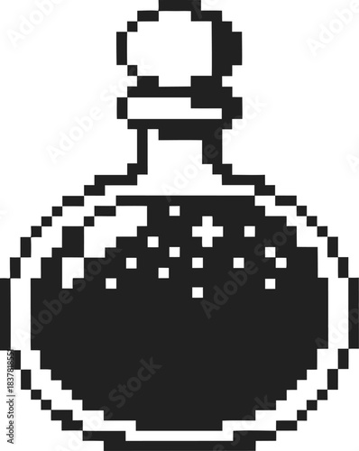retro pixel art magic potion bottle icon with sparkling liquid, vintage fantasy elixir symbol for games and digital interfaces