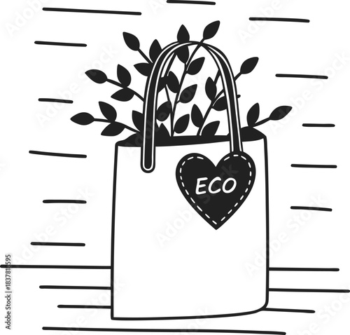 Eco reusable tote bag with leafy plants, heart emblem and hand drawn eco friendly zero waste lifestyle concept