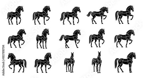 Dynamic collection of mechanical horses in various poses, showcasing a futuristic and industrial aesthetic for innovative design projects