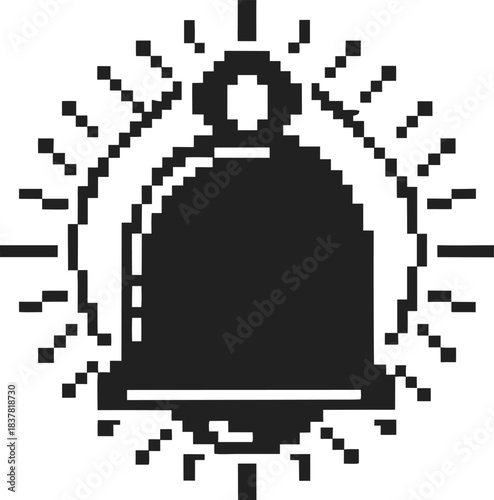 Bell notification alert icon black ringing bell symbol with pixel art and radiating lines for message reminder signal