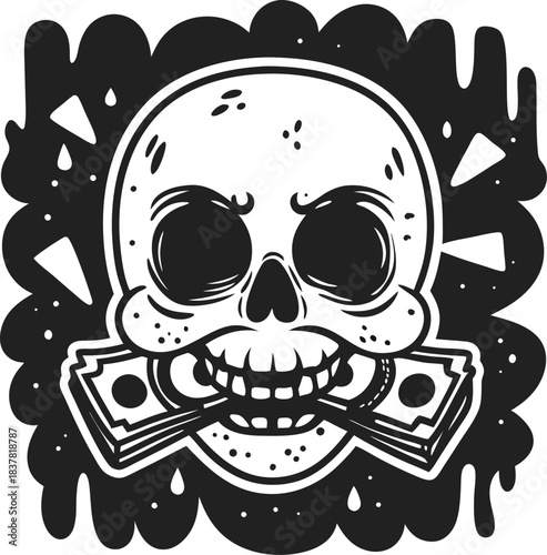Skull biting money bills with dark grunge background grim reaper inspired monochrome design, sinister horror occult illustration