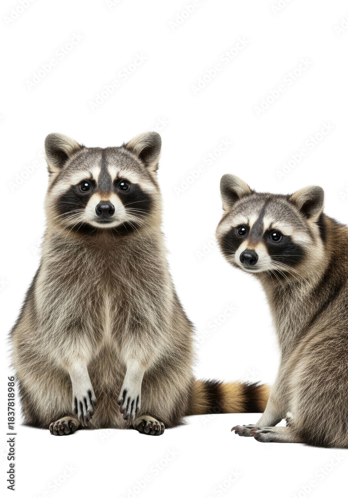 Obraz premium three juvenile procyon lotor raccoons with soft fur posing curiously in a highly detailed, high-key studio photo, isolated on transparent with copy space. concept of charming wildlife