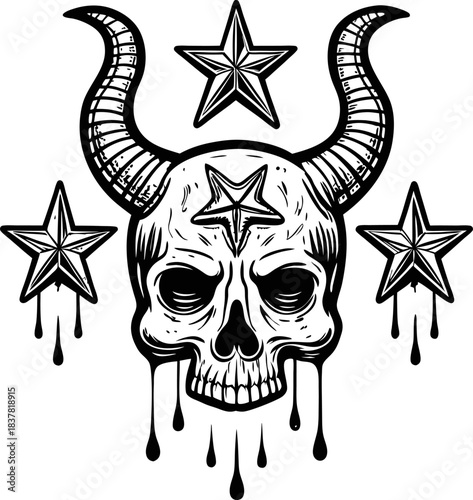 Horned skull with dripping black ink and occult stars gothic monochrome illustration, dark macabre emblem, mysterious esoteric symbol