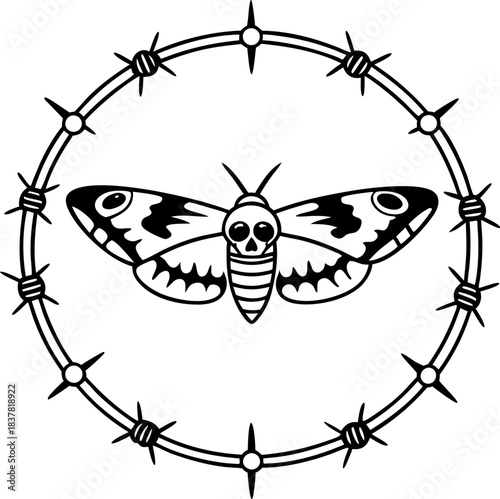 Moth with skull pattern inside barbed wire circle monochrome occult insect emblem, gothic tattoo design illustration