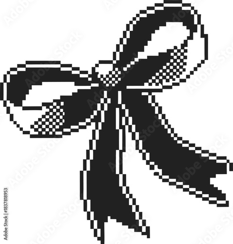 Elegant pixel bow icon with long ribbons retro monochrome digital bowknot design in 8 bit for vintage interfaces