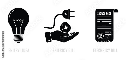 Light bulb, hand holding lightning bolt, and electricity bill icons. Energy saving and consumption.