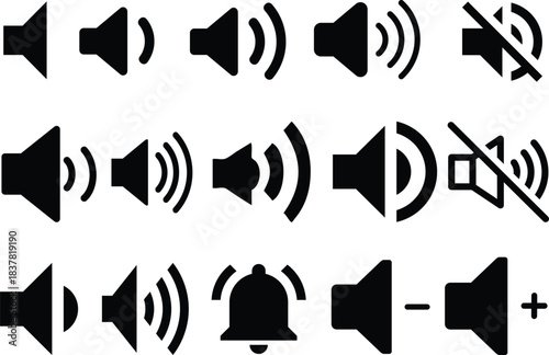 Volume icon set.Speaker icon set. volume icon vector. loudspeaker icon vector. Mute and unmute volume sound.Audio speaker volume on line art icon for apps and websites.Black volume sound icons. 