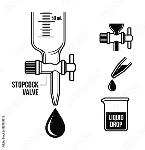 Liquid dispensing from a stopcock valve into a beaker, symbolizing precise liquid handling