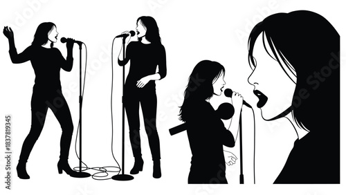 Female Singer Silhouette Set: Vector Illustration of Woman Performing with Microphone on Stage