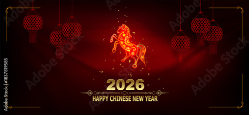 Happy Chinese New Year 2026. Fire Horse zodiac sign, gold tinsel.