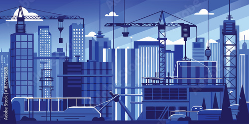 A stylized blue cityscape featuring buildings cranes and vehicles in a modern flat design style
