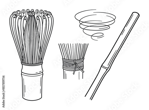 Matcha bamboo whisk outline. Bamboo tea scoop outline. Traditional japanese tea ceremony tool.