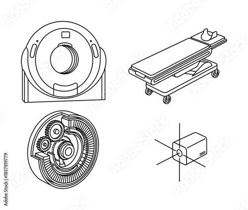 Medical imaging devices MRI scanner operating table internal mechanisms diagnostic purposes vector illustration.