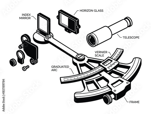 Mariner's sextant, navigation instrument, index mirror, horizon glass, telescope, graduated arc, frame