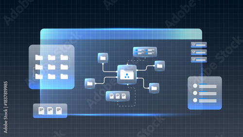 Management workflow digital file dashboard. management system network diagram with connected folders, document, task and data flow.
