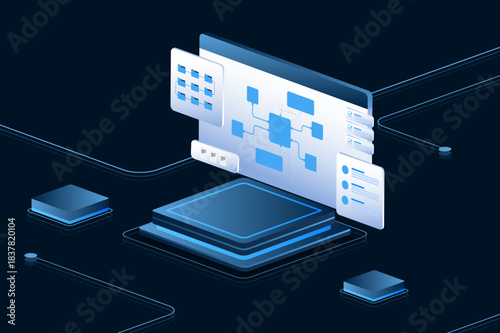 Management workflow digital file isometric. management network diagram with connected folders, document, task and data flow.