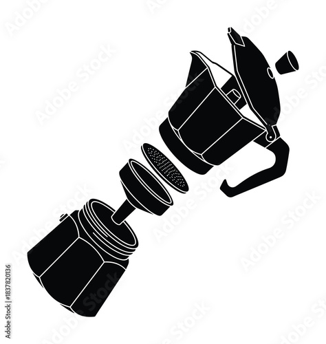 Moka pot exploded view, coffee maker parts, brewing equipment, caffeine appliance.