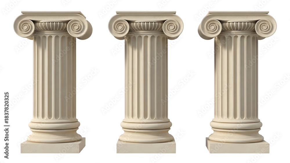 Obraz premium Three ionic columns isolated on transparent background