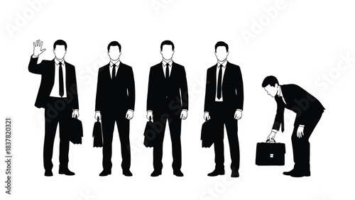Vector silhouettes of businessmen in various professional poses holding briefcases, isolated on white background