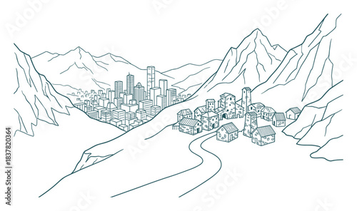 Mountain range surrounding modern city skyscrapers and ancient village with small houses.