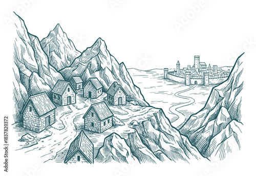 Mountain village with small houses and a walled ancient city in the distance.